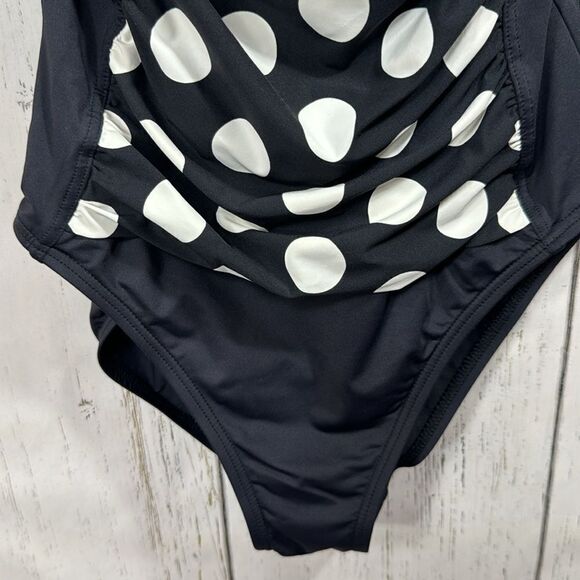 La Blanca Black White Polka Dot One Piece Swimsuit Ruched Retro Style Beach - Picture 8 of 16